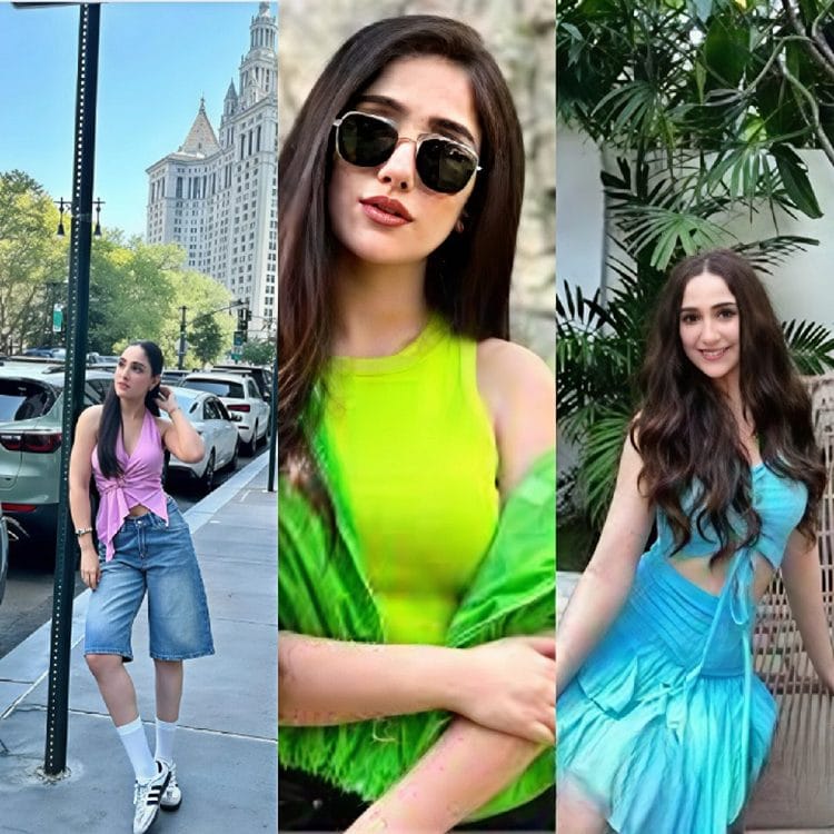 Aiza Awan in lilac halter top and denim shorts in New York