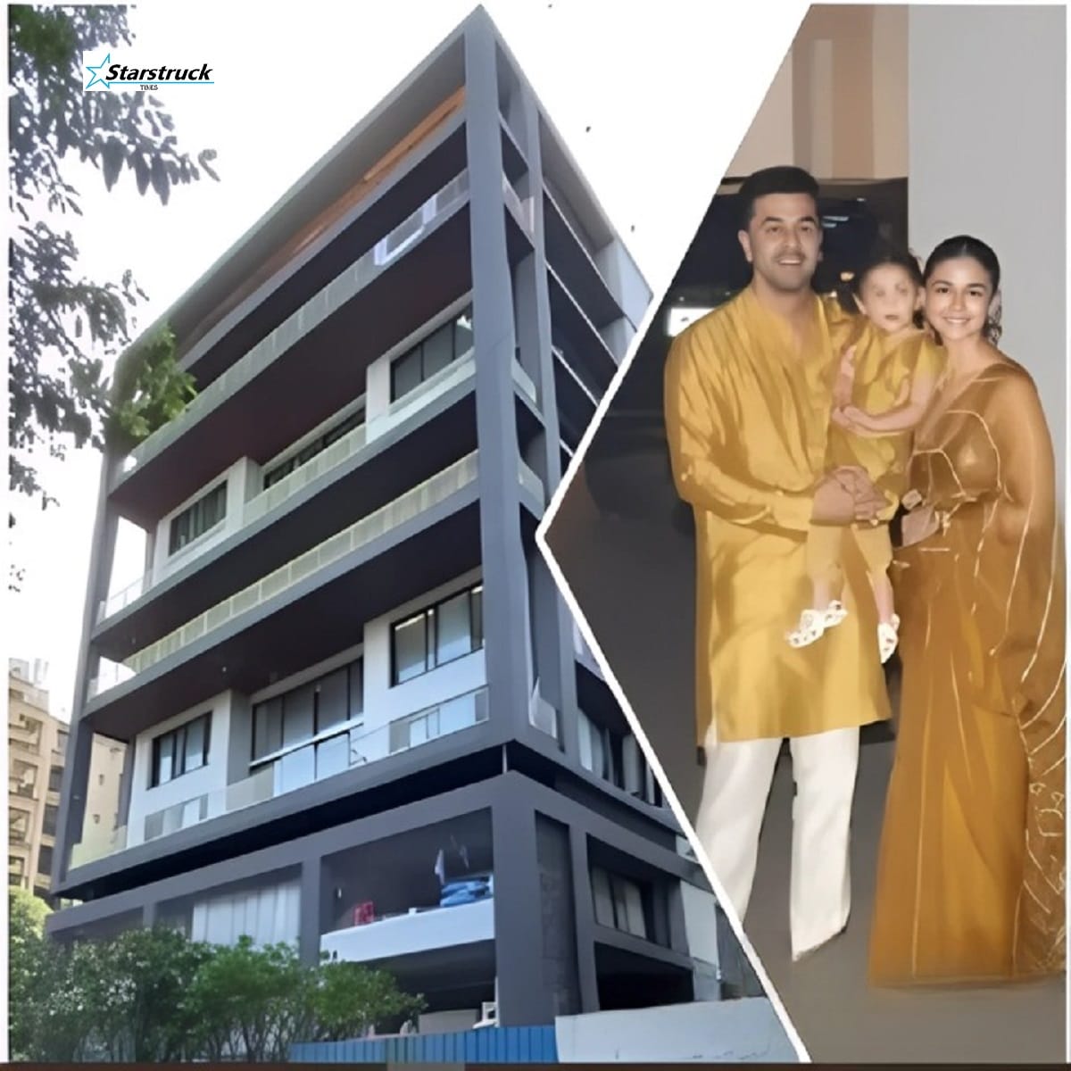Front elevation of Ranbir Kapoor new bungalow in Mumbai, luxury modern facade with warm lighting — inside pics