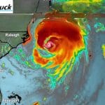 Hurricane Erin satellite image showing storm's size and path.