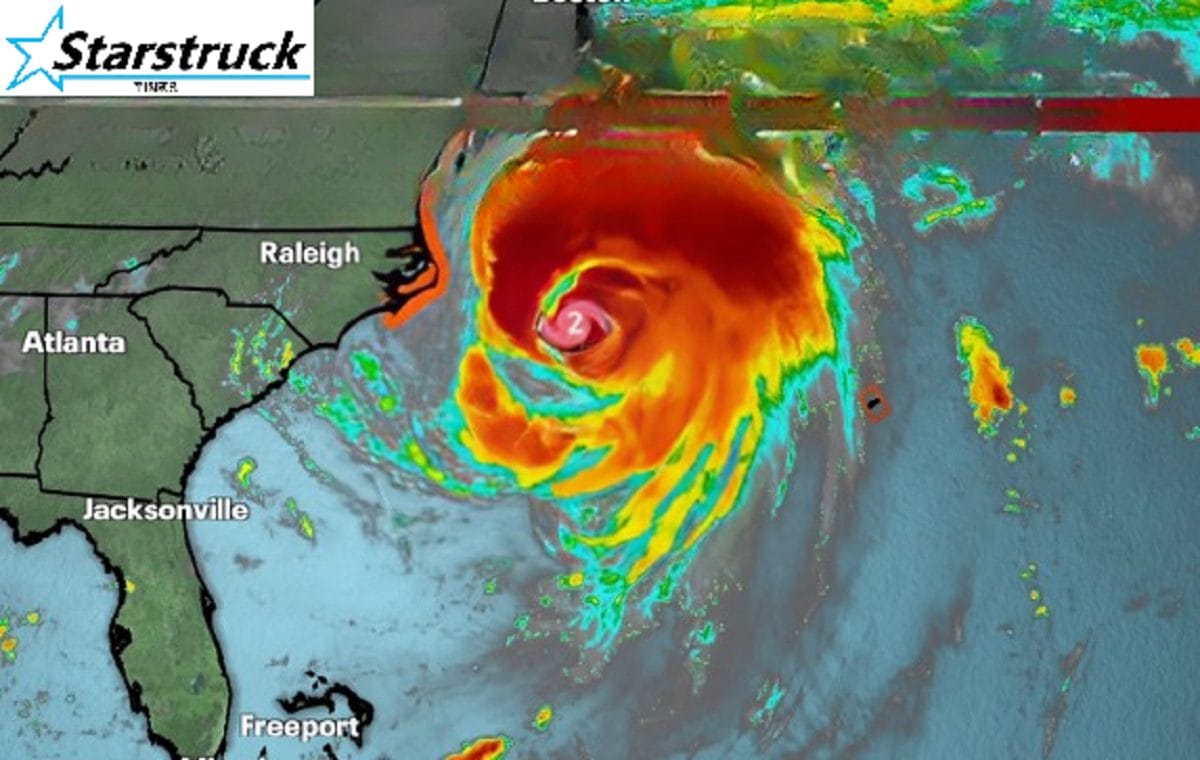 Hurricane Erin satellite image showing storm's size and path.