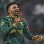 Keshav Maharaj celebrates his 5-wicket haul against Australia in the 1st ODI at Cairns