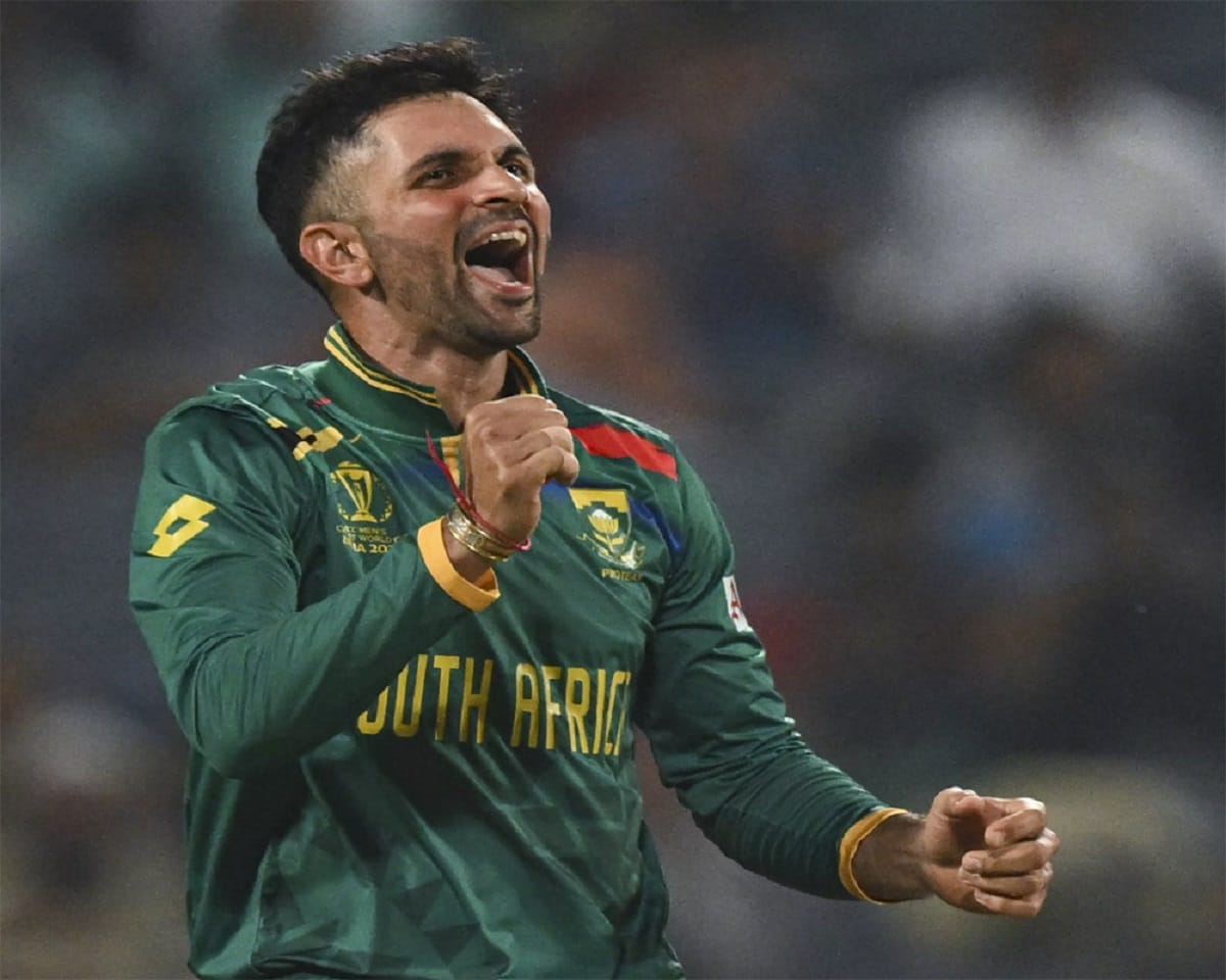 Keshav Maharaj celebrates his 5-wicket haul against Australia in the 1st ODI at Cairns