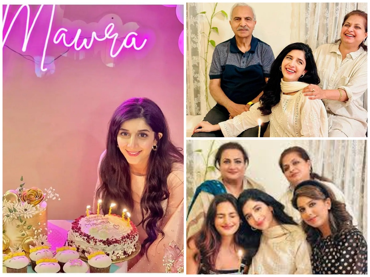 Mawra Hocane smiling with husband Ameer Gilani and sister at her birthday celebration
