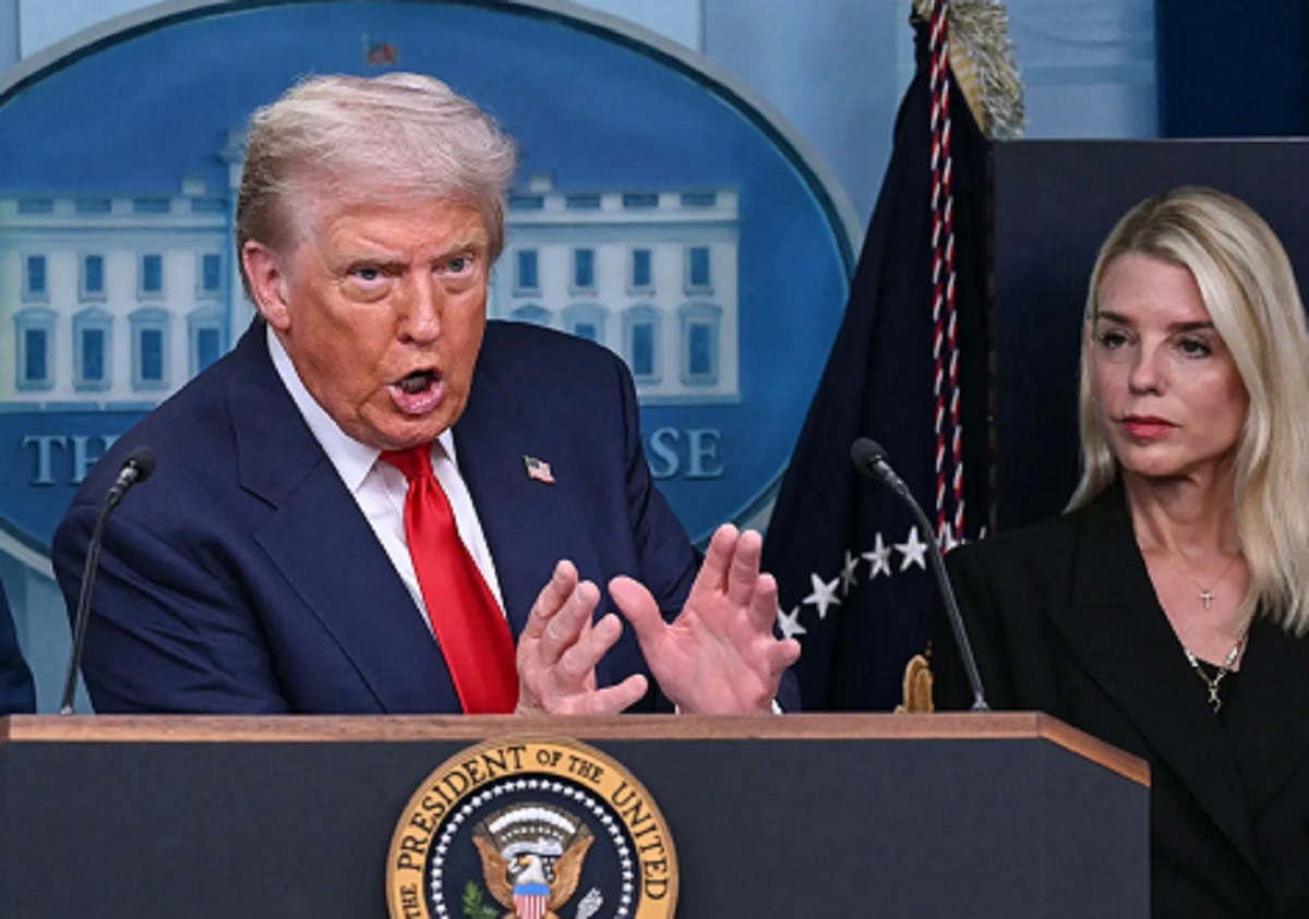 Donald Trump speaking at a podium; headline: Trump defamation suit vs NYT over Epstein coverage