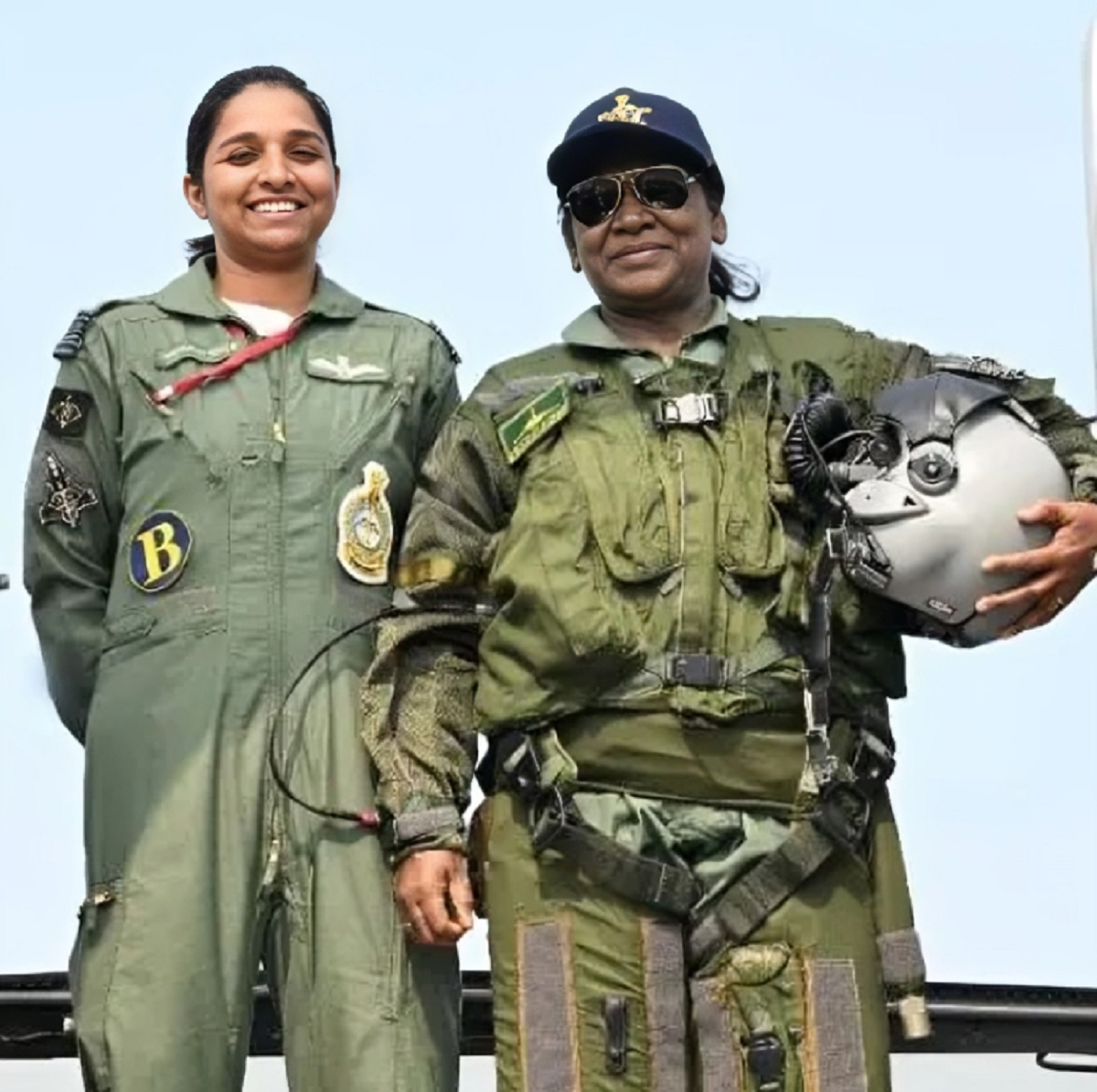 Wing Commander Shivangi Singh standing beside Rafale fighter jet at Ambala Air Force Station 2025