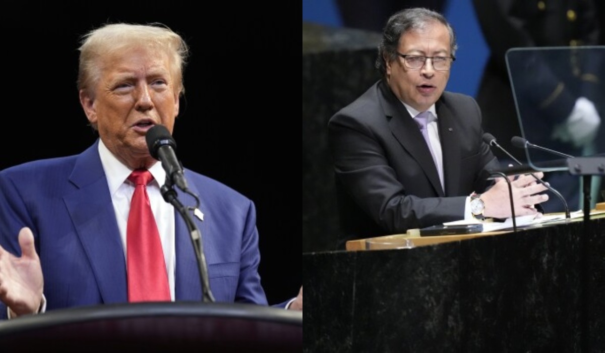 President Donald Trump gives a statement aboard Air Force One accusing Colombia’s Gustavo Petro of being an illegal drug leader.
