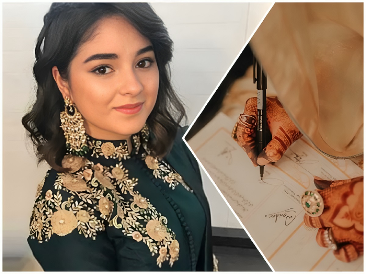 Zaira Wasim signing nikah nama during her intimate wedding ceremony in October 2025