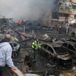 Israeli air strikes damage central Beirut buildings April 2026
