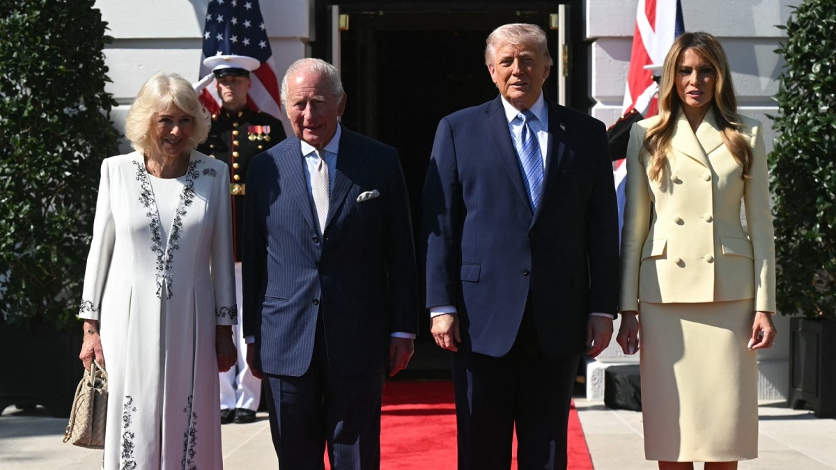 Queen Camilla and Donald Trump during White House greeting protocol discussion