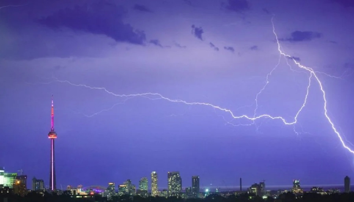Dark storm clouds rolling over downtown Toronto during an active Environment Canada severe thunderstorm watch.