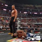 Big Cass making his surprise return to WWE Raw and standing over Je'Von Evans.