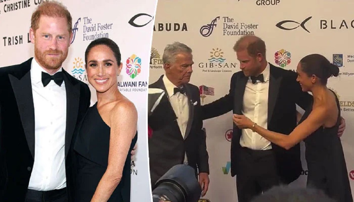 David Foster posing alongside Meghan Markle, Prince Harry, and Katharine McPhee on the red carpet at the David Foster Foundation Gala in Victoria.