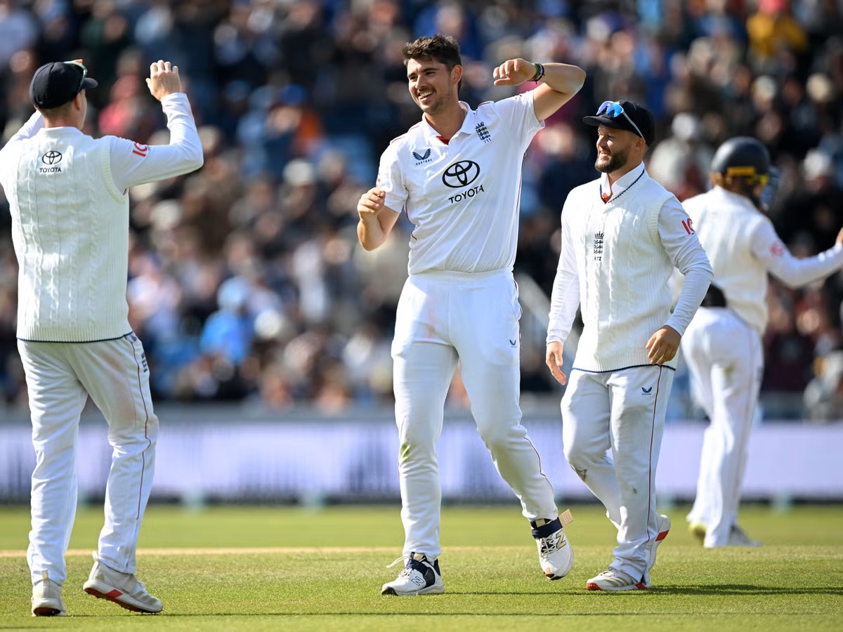 Fast bowler Josh Tongue celebrates taking a wicket during England vs Pakistan 1st Test match at Headingley.