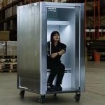 Japan’s 'Human Fridges' Debut as Deadly Heatwave Strikes Tokyo A walk-in Do Hiemon cooling box human fridge installed in a sunny public square in Tokyo Japan.