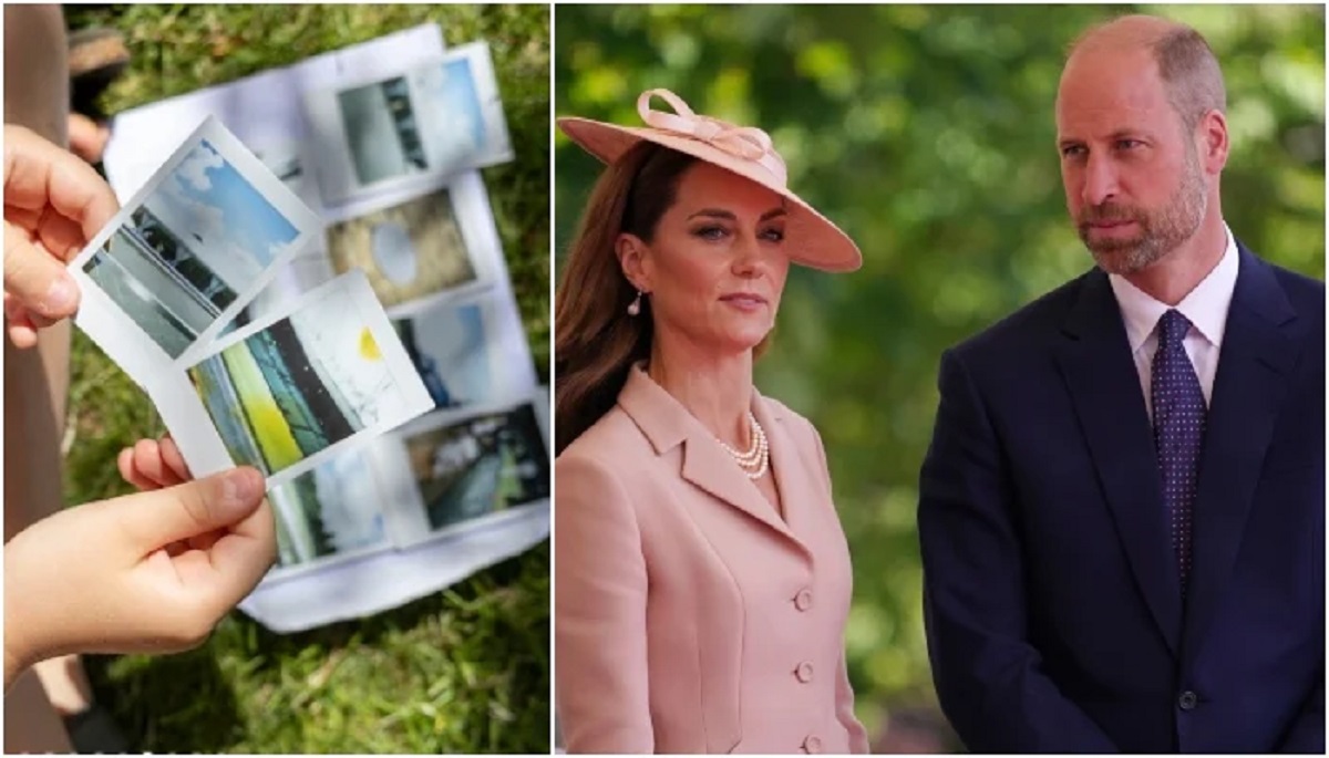 Prince William and Kate Middleton smiling as they speak with young photographers from Shine Camera Club at Wimbledon.