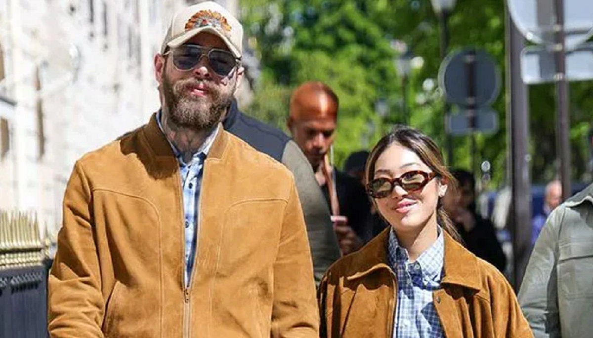 Christy Lee showing off a massive diamond engagement ring alongside fiancée Post Malone wearing a cowboy hat.