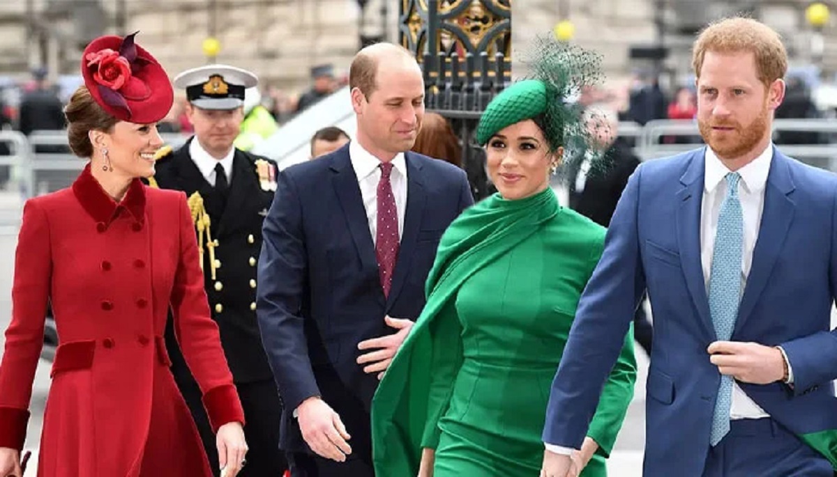 Prince Harry and Meghan Markle looking forward while Prince William and Kate Middleton stand in official royal attire.