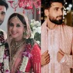 Split visual of Urmila Matondkar looking serene and Mohsin Akhtar posing with second wife Nidhaa Bhatt at their reception.