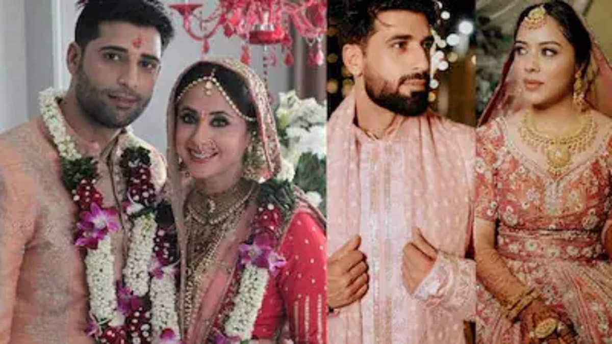 Split visual of Urmila Matondkar looking serene and Mohsin Akhtar posing with second wife Nidhaa Bhatt at their reception.