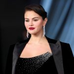 Selena Gomez speaking at a public event next to a mental health startup graphic representing the Wondermind fraud lawsuit.